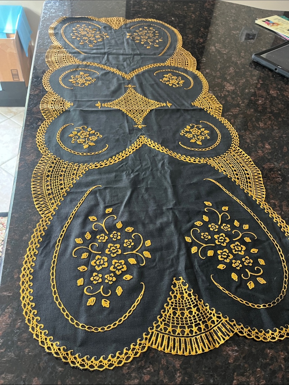 Gold Embrossed Black Scalloped Table Runner 42” L x  17” W
